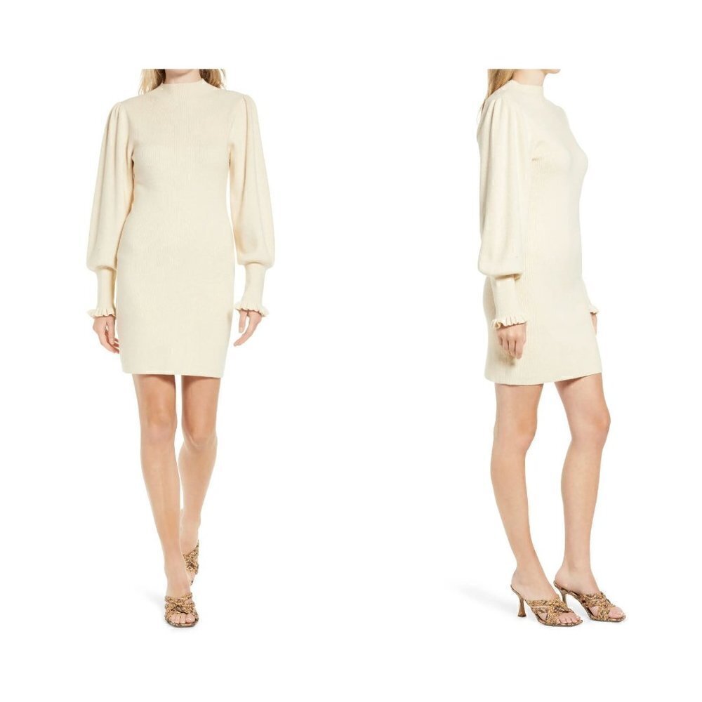 NWD CHELSEA 28 Size S Balloon Sleeve Sweater Dress In Beige Burnt Heather
